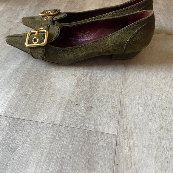 Prada Green Suede Gold Buckle Kitten Heel Mules. - Picture 4 of 7